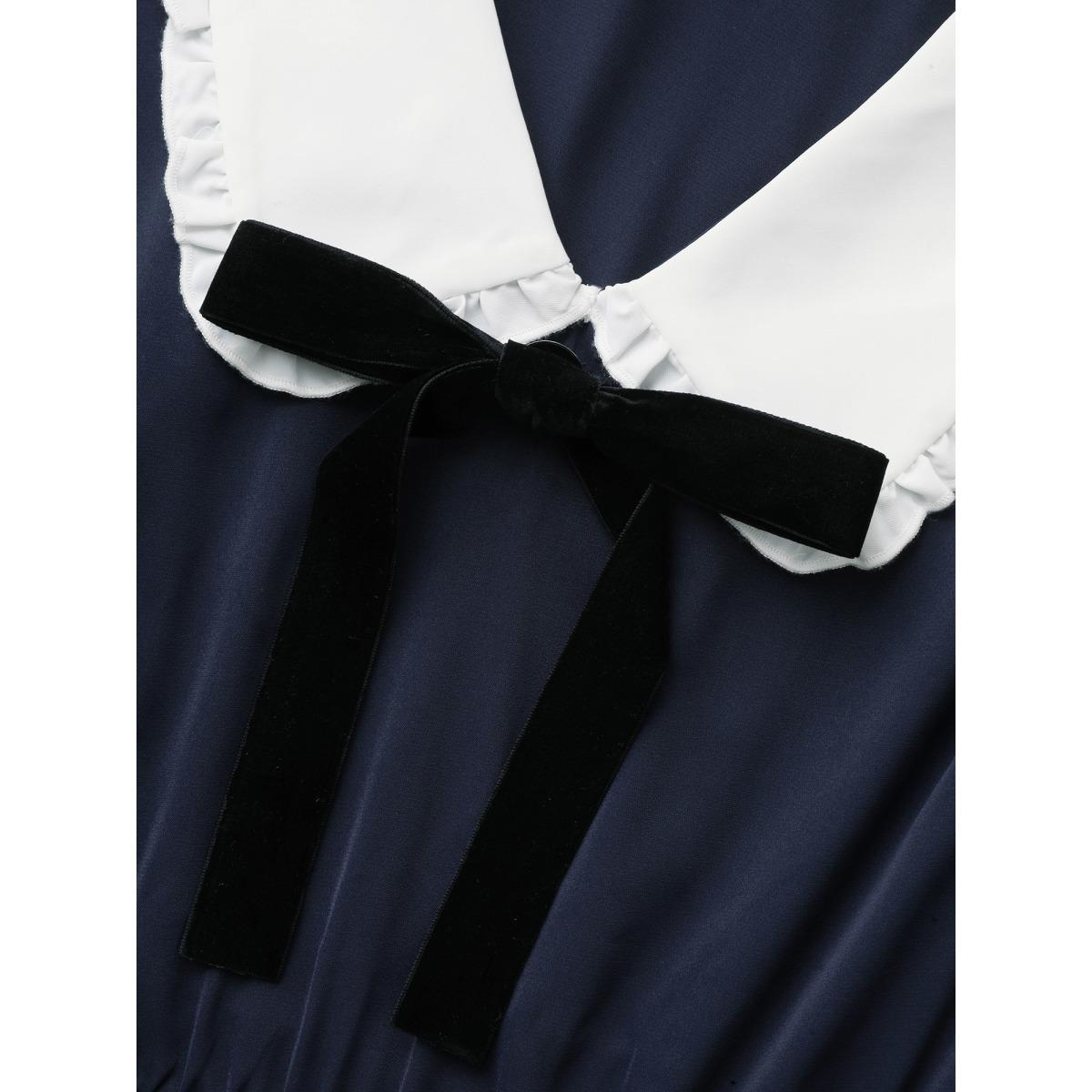 Plus Size Lapel Collar Bowknot Frill Trim Dress Navy Women Elegant Contrast Peter Pan collar Long Sleeve Curvy BloomChic 14-16/1X Product Image