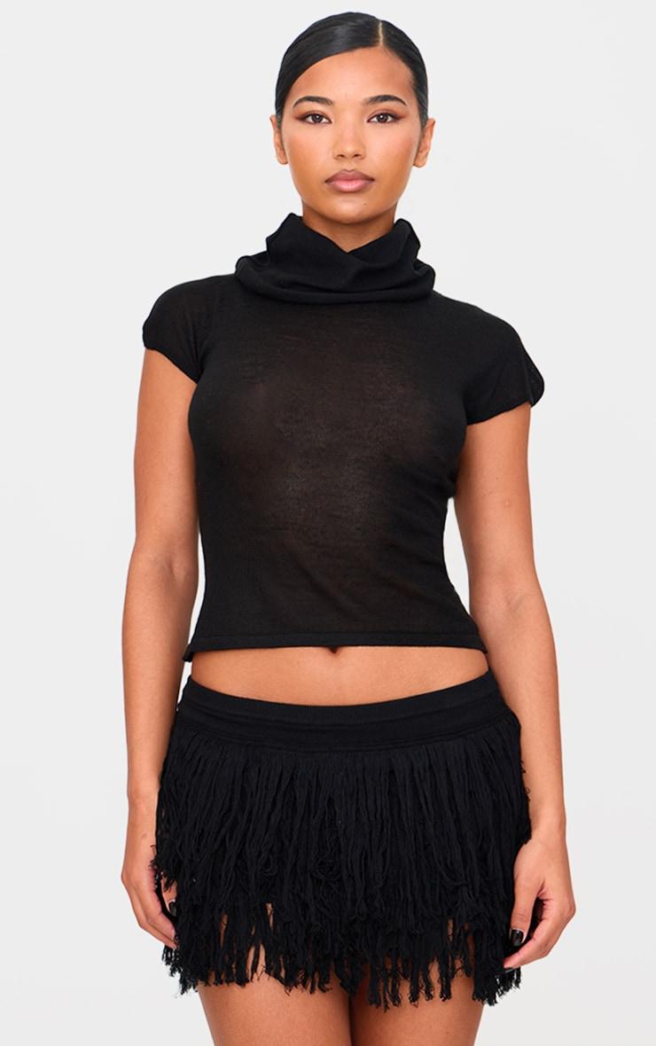 Black Fine Knit Fringe Hem Mini Rara Skirt Product Image