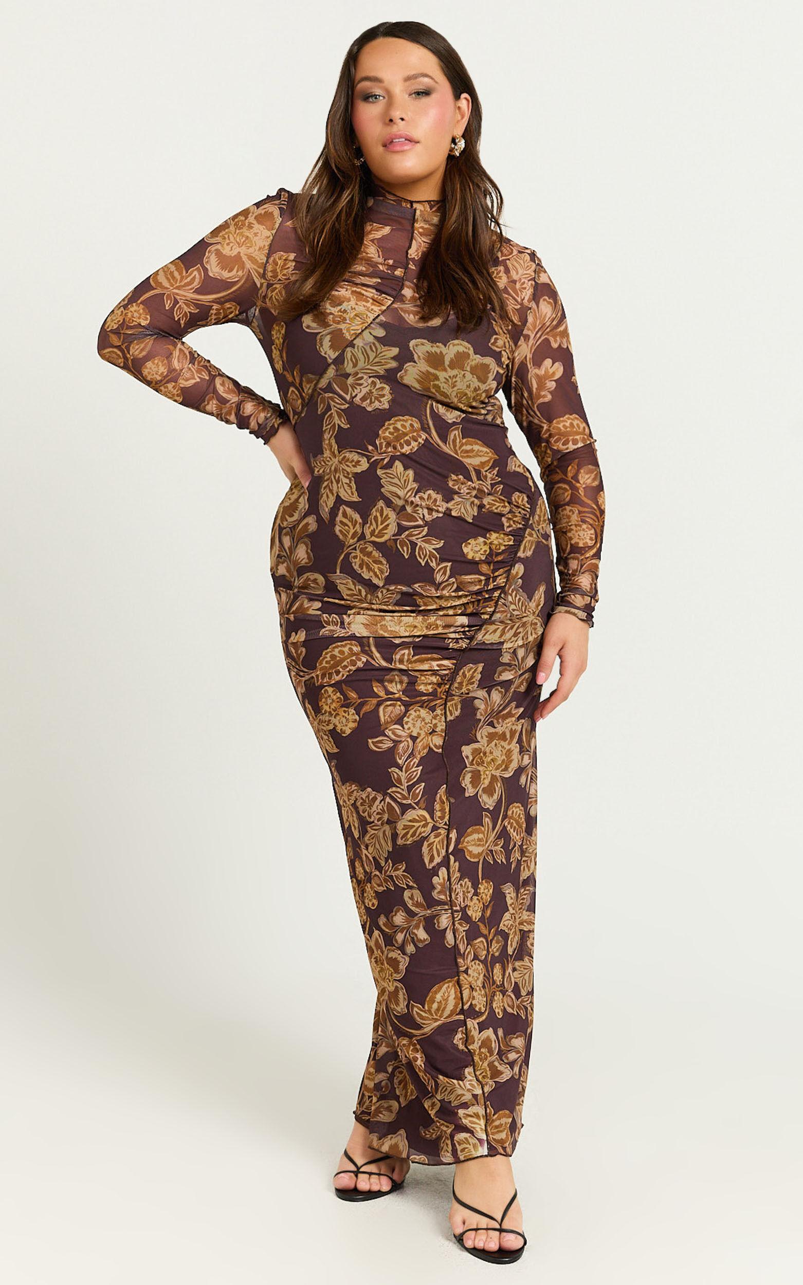 Vivian Midi Dress - High Neck Long Sleeve Mesh Dress in Amber Bloom Print Product Image