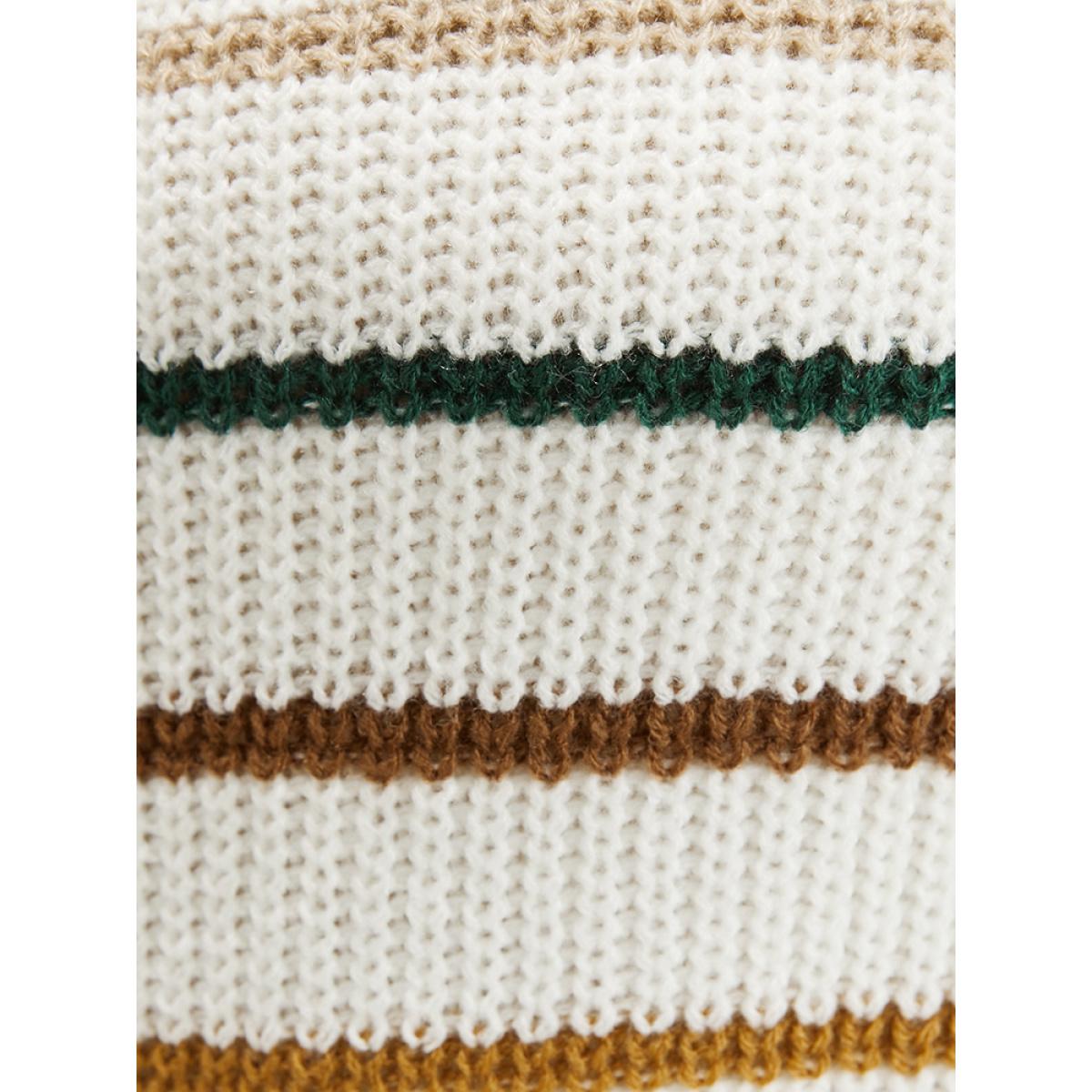 Plus Size Striped Contrast Pointelle Knit V Neck Knit Top White Women Elegant Loose Long Sleeve V-neck Dailywear Pullovers BloomChic 18-20/2X Product Image