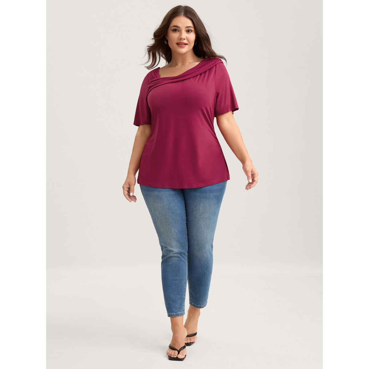 Plus Size Supersoft Asymmetrical Neckline Solid T-Shirt Burgundy Women Timeless Gathered Asymmetrical Neck Elegant T-shirts BloomChic 10/M Product Image