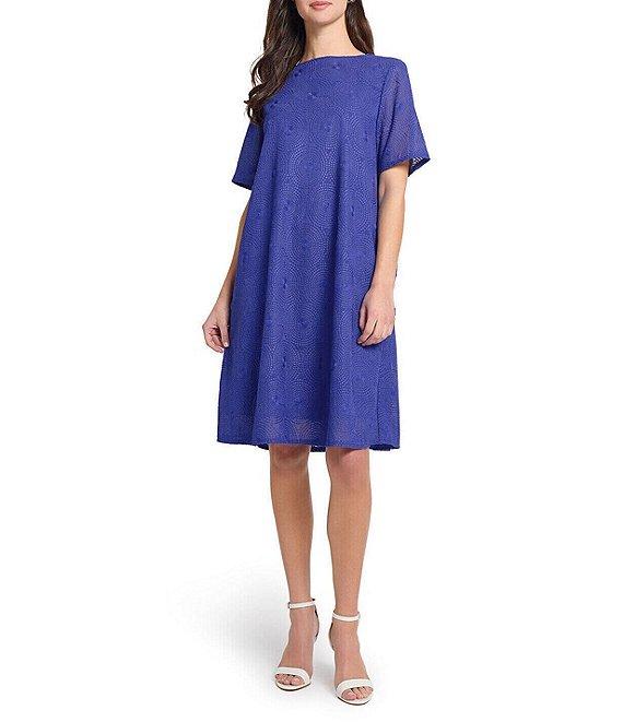 Ming Wang Woven Embroidered Crew Neck Short Sleeve A-Line Dress Product Image