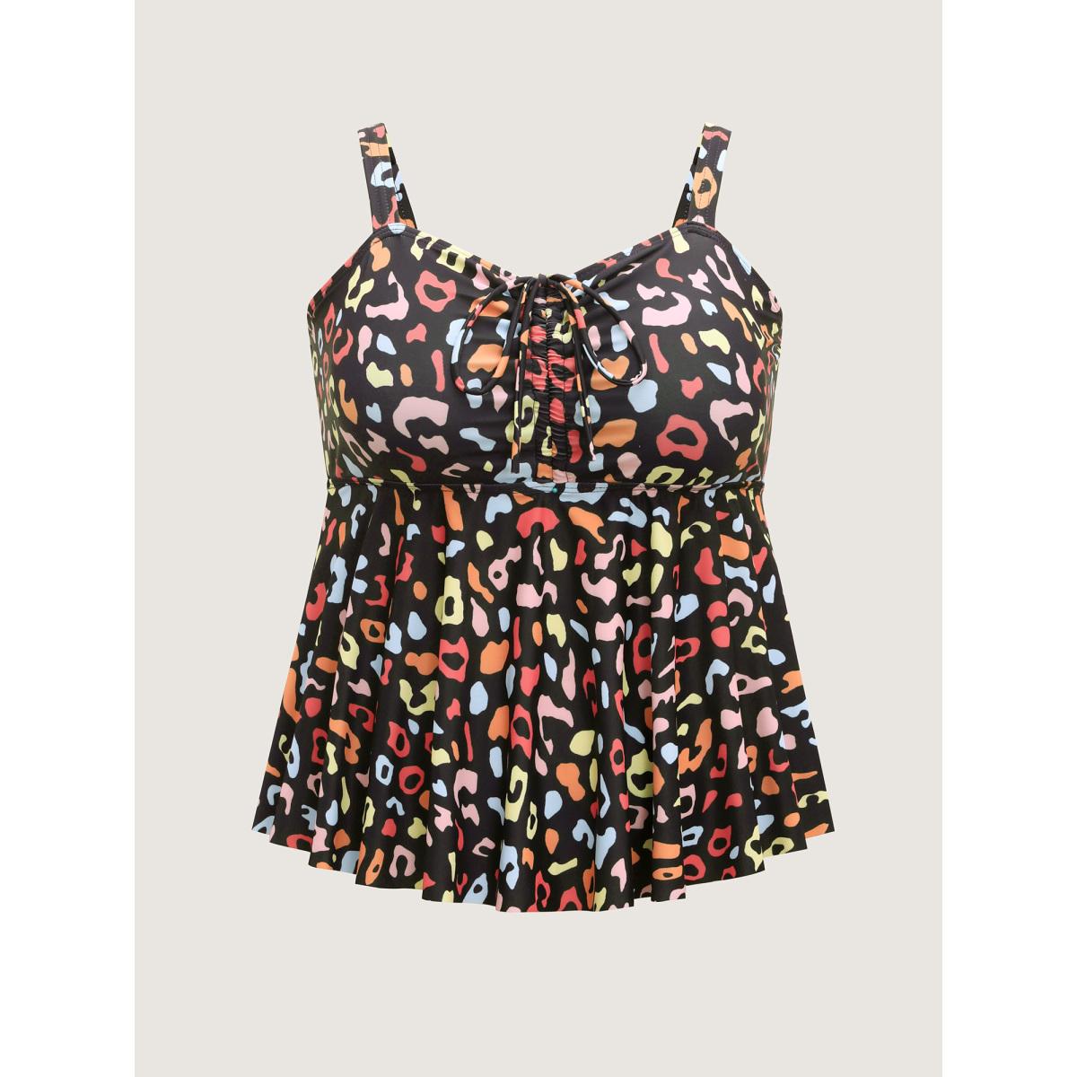 Plus Size Multicolor Leopard Print Drawstring Swim Top Women's Swimwear Black Resort Drawstring High stretch Bodycon Heart neckline Curve Swim Tops BloomChic 26/4X Product Image