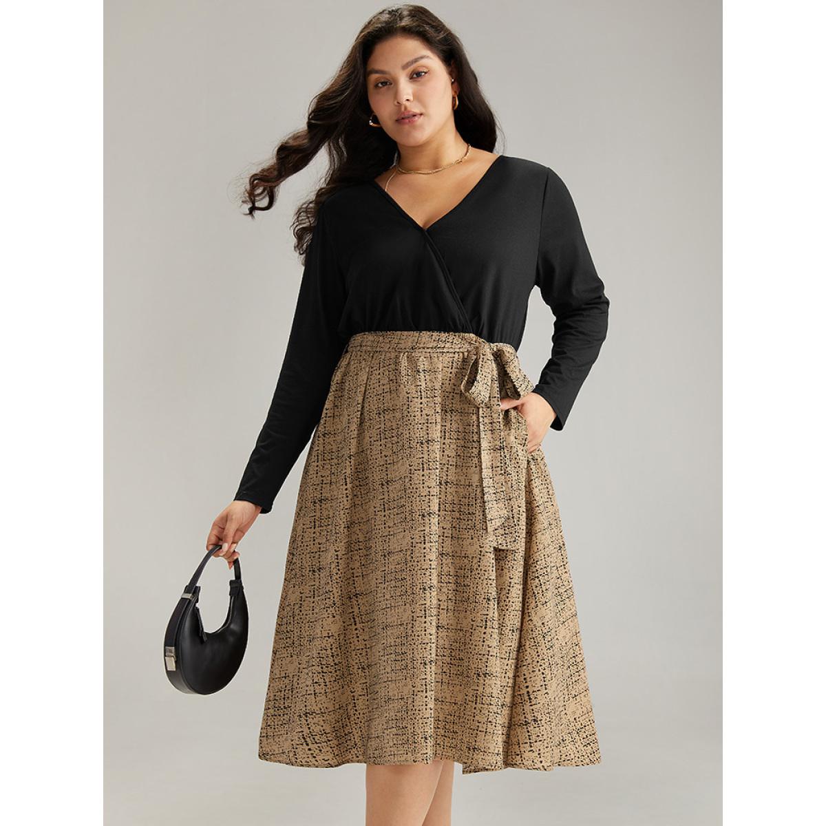 Plus Size Patchwork Pocket Belted Long Sleeve Dress Tan Women Elegant Belted V-neck Long Sleeve Curvy Midi Dress BloomChic 22-24/3X Product Image