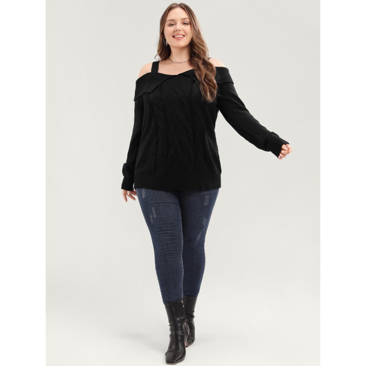 Plus Size Solid Pointelle Knit Cold Shoulder Knit Top Black Women Elegant Long Sleeve Cold Shoulder Dailywear Pullovers BloomChic 12/L Product Image