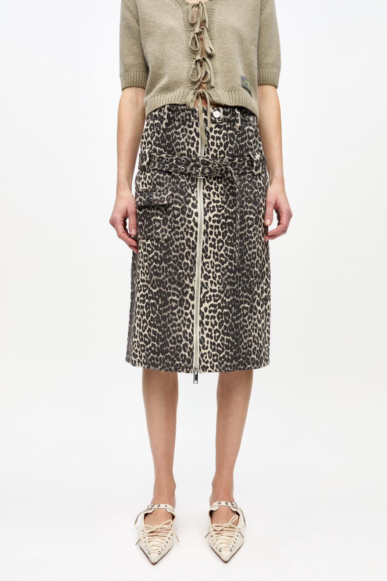 Leopard Cotton Tweed Midi Skirt Product Image