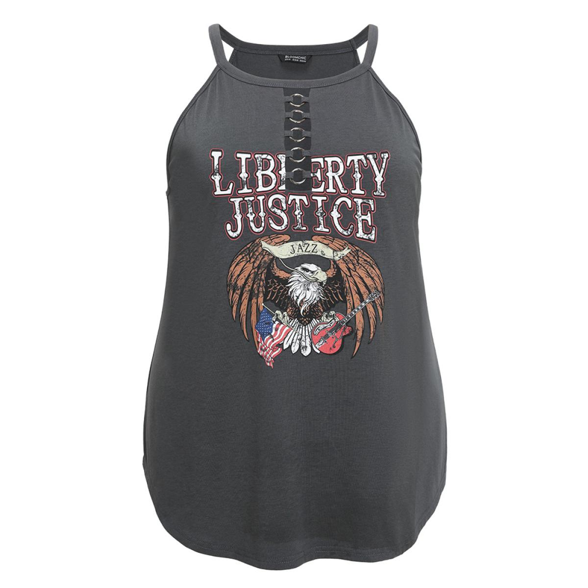 Plus Size Eagle & Letter Print Halter Metal Detail Cut Out Cami Top Women DimGray Casual Arc Hem Dailywear Tank Tops Camis BloomChic 14-16/1X Product Image