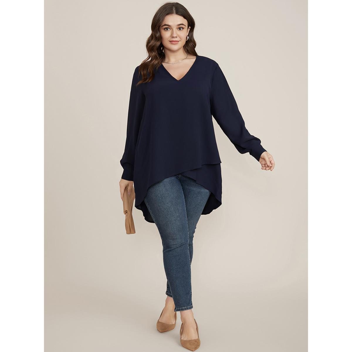 Plus Size DarkBlue Solid V Neck High Low Hem Blouse Women Office Long Sleeve V-neck Work Blouses BloomChic 30/6X Product Image