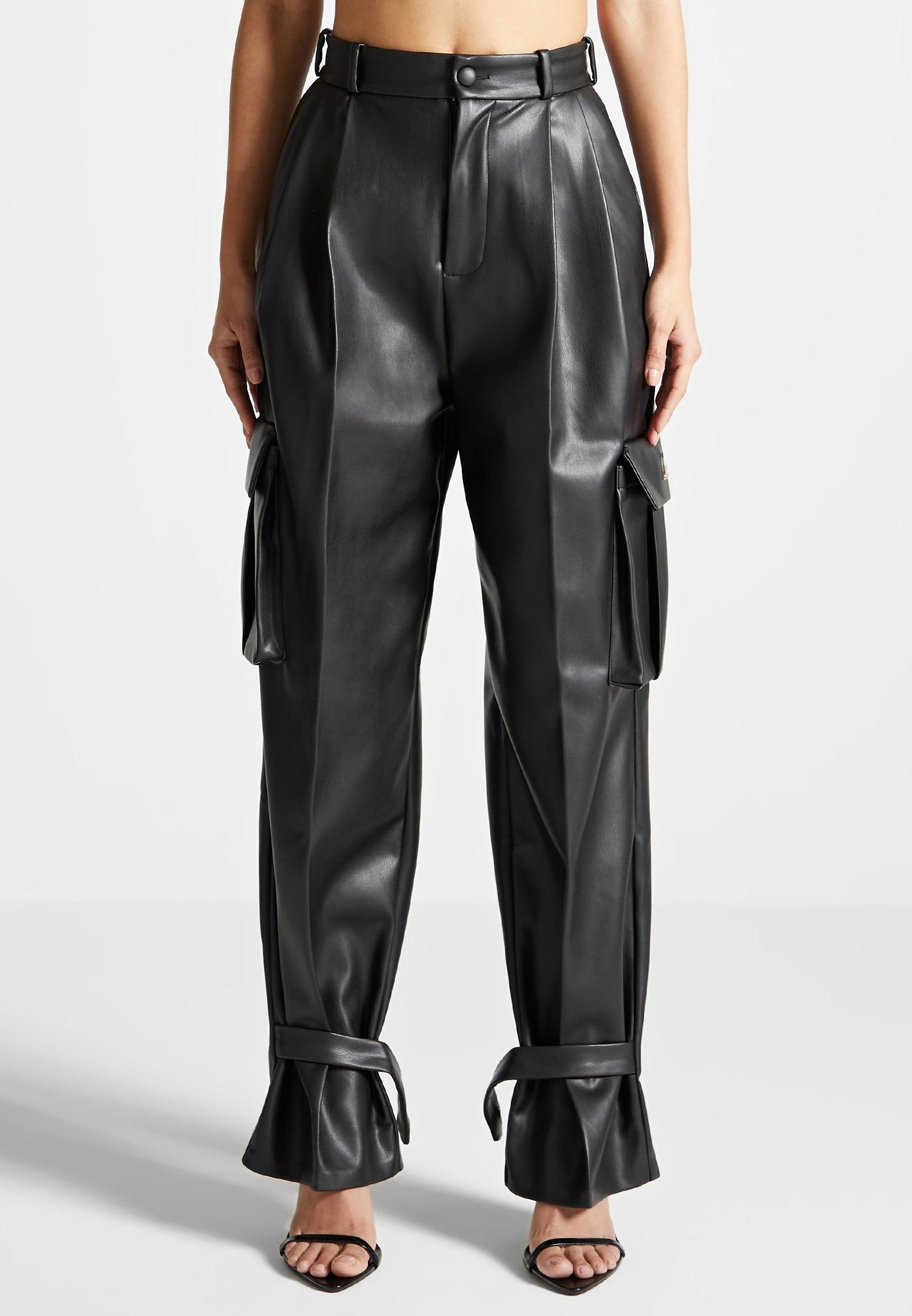 Danielle - Leather Pleated Cargo Trousers - Black Female Product Image