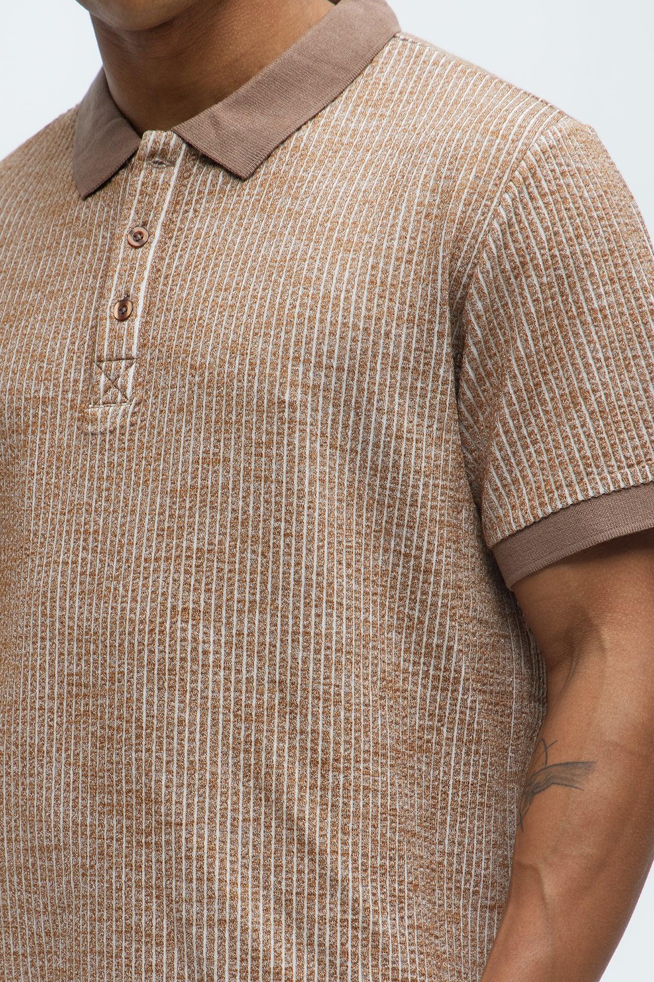 Heather Rib Knit Polo Shirt - Brown Product Image