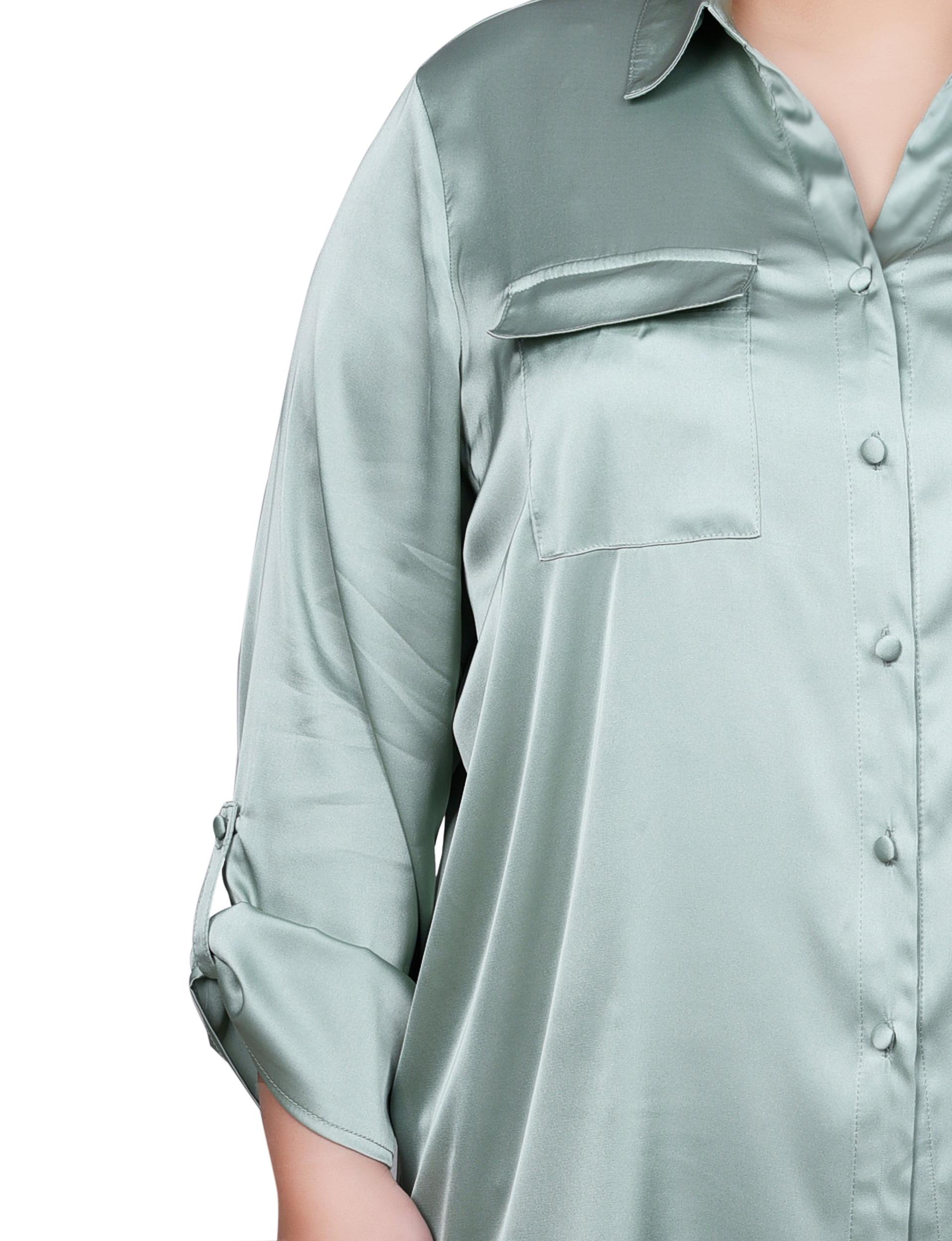 Green 3/4 Sleeve Roll Tab Satin Blouse - Plus Size Product Image