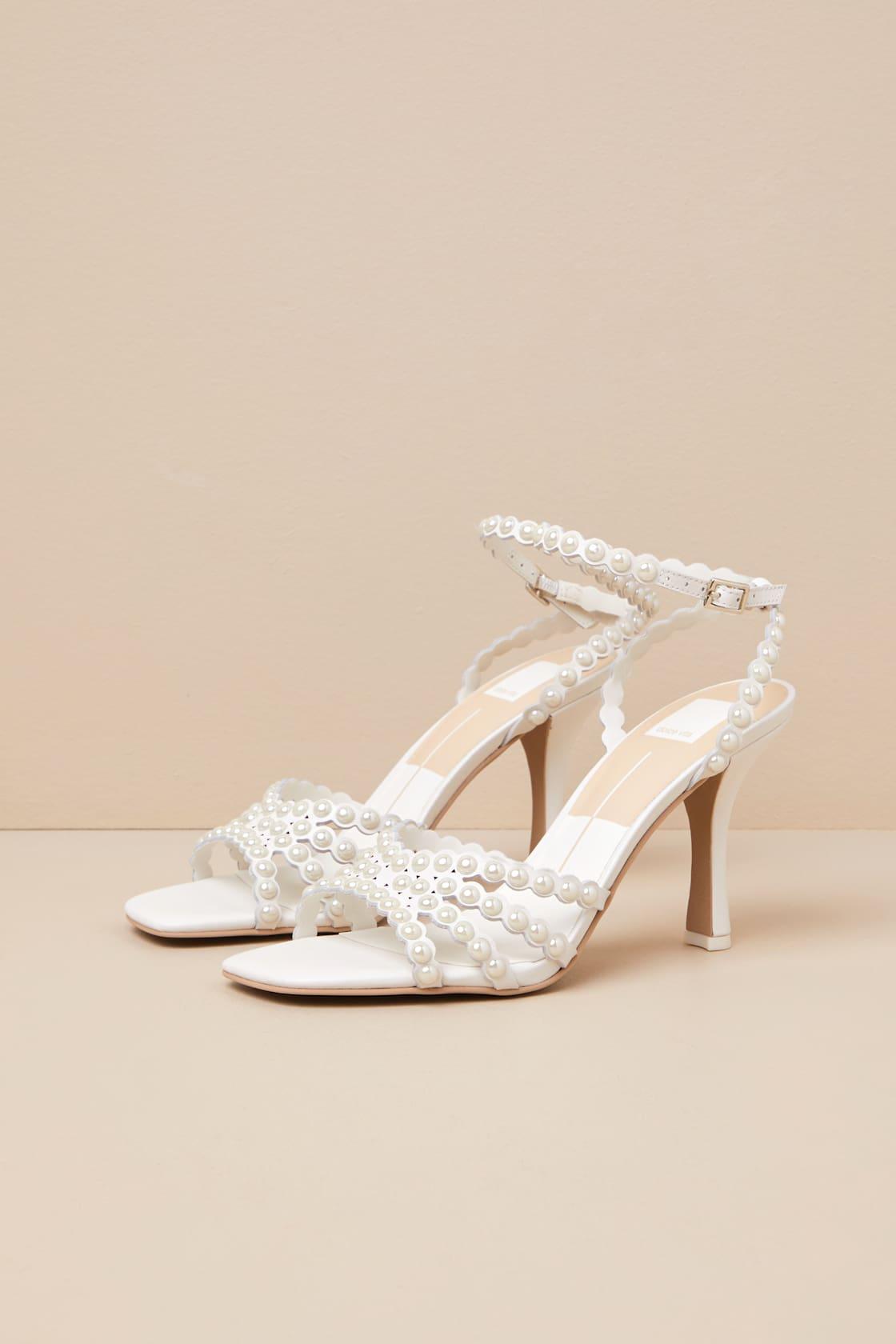 Hellen White Pearl Ankle Strap High Heel Sandals Product Image