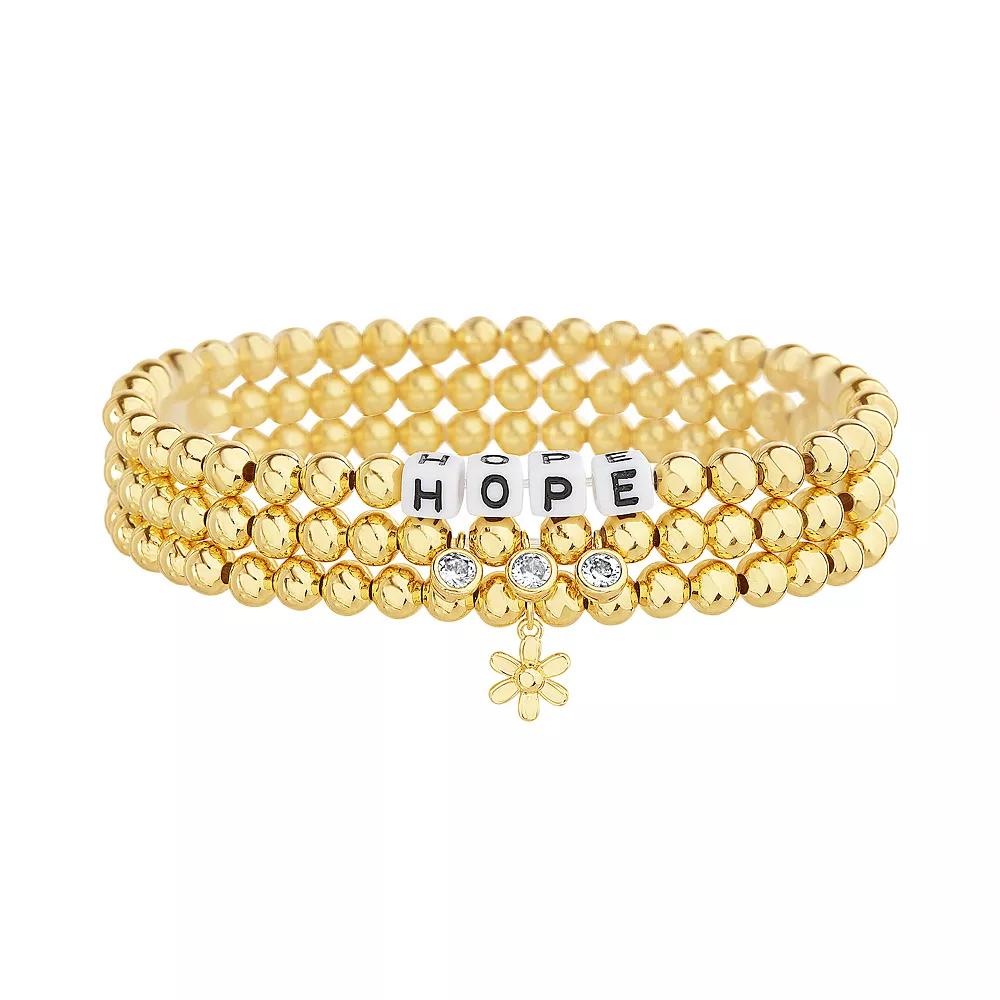 Guided by Faith 14k Gold Plated Beaded Hope 3-Piece Stretch Bracelet Set with Flower & Cubic Zirconia Charms, Womens Gold Tone Product Image