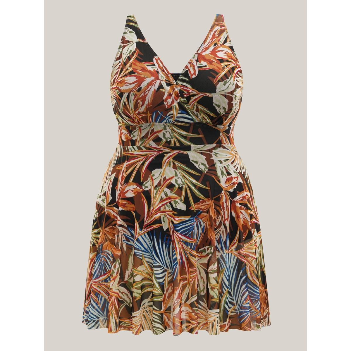 Plus Size Tropical Floral Print Wrap Neck Swim Dress Women's Swimwear Black Beach Bodycon Overlap Collar High stretch Curve Swim Dresses BloomChic 14-16/1X Product Image