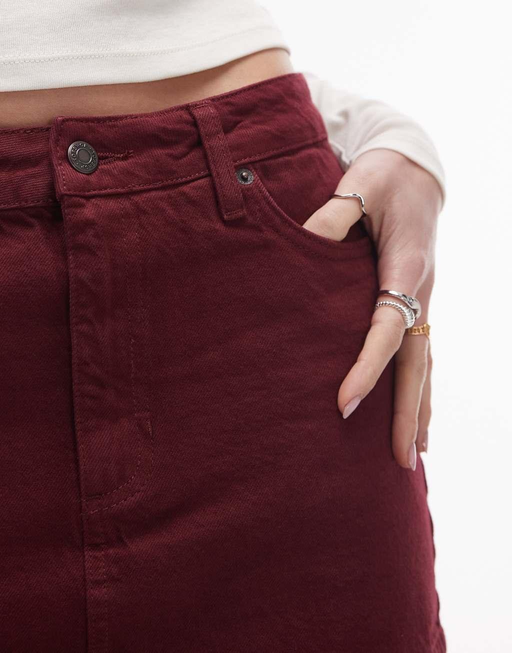 Topshop denim mini pelmet skirt in burgundy Product Image