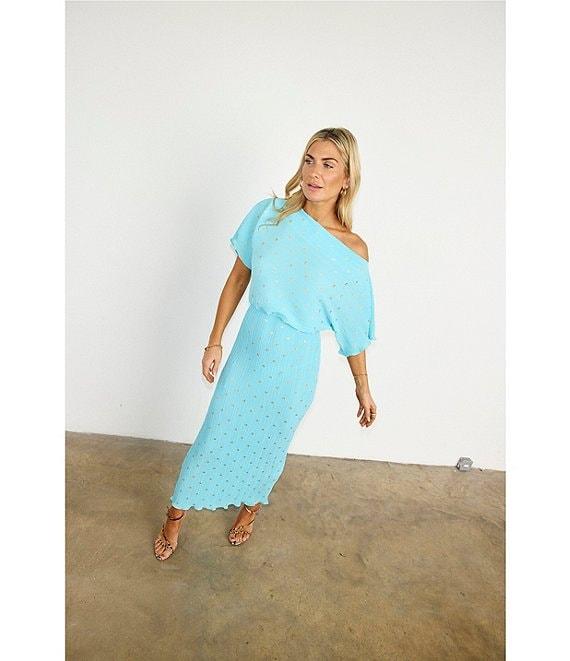 Never Fully Dressed Tilly Plisse Silver Fleck Print One Shoulder Neck Short Sleeve Midi Dress Product Image