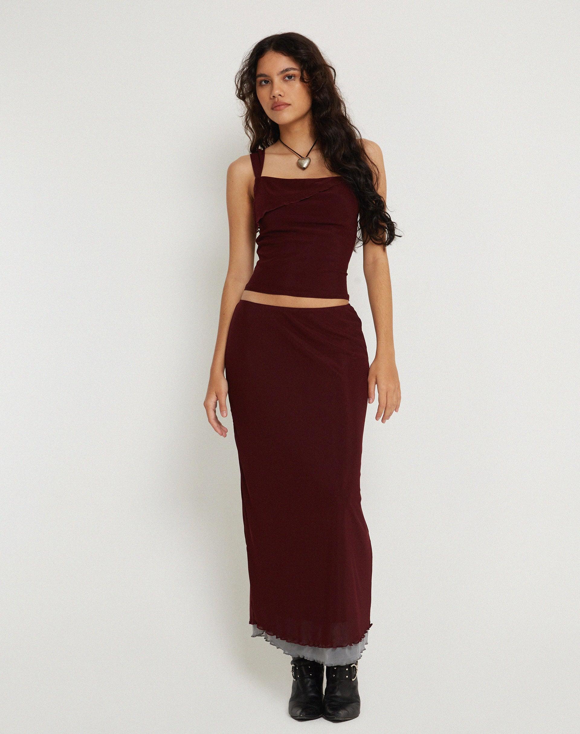 Tresha Maxi Skirt in Mesh Burgundy Product Image