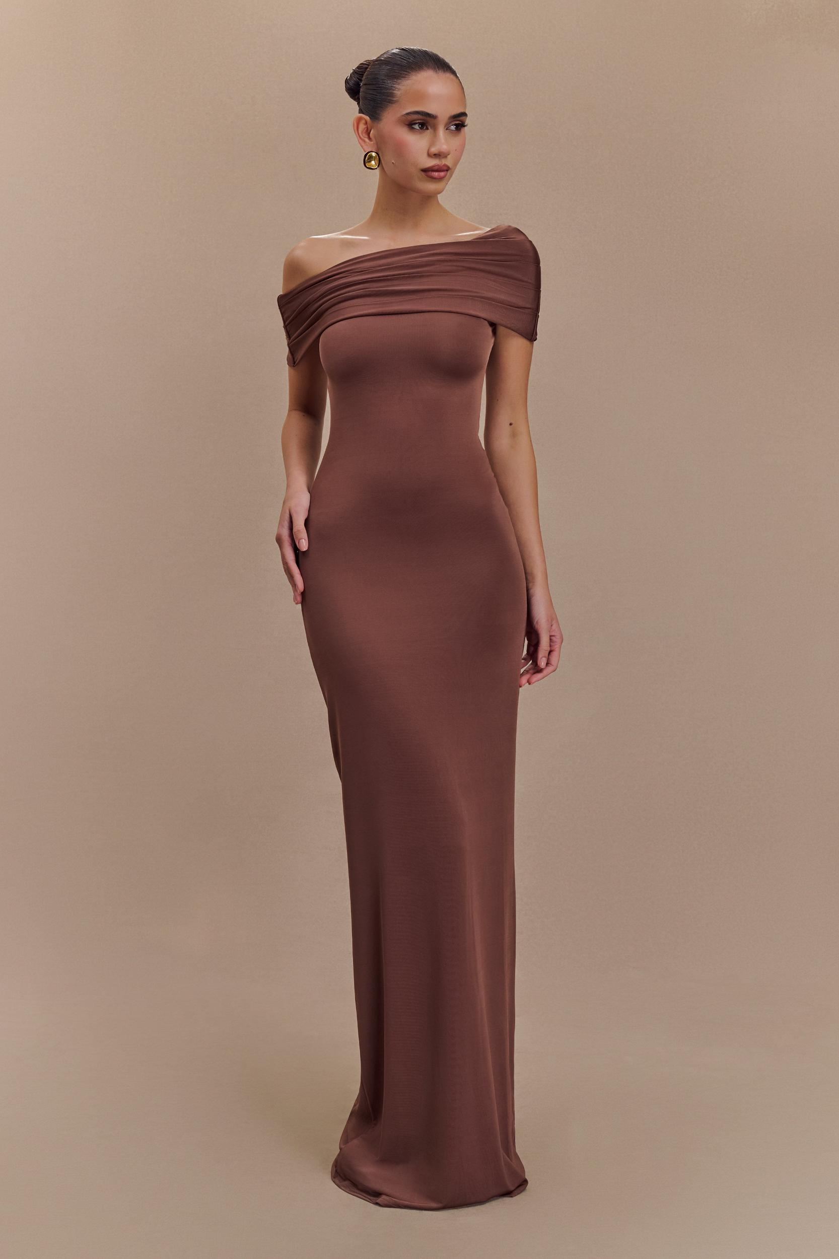 Cassandra Off Shoulder Slinky Maxi Dress - Chocolate Product Image