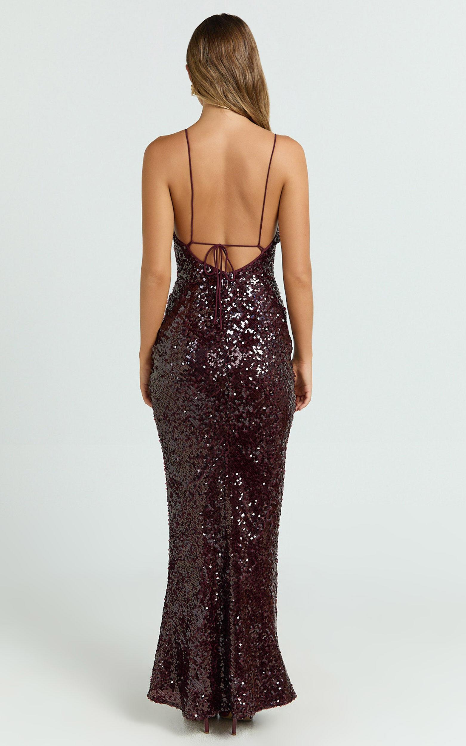 Finn Maxi Dress - Plunge Neck Sheer Sequin Slip Dress in Wine Product Image