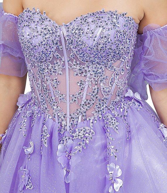 Cinderella Couture Tulle Off-The-Shoulder Bubble Sleeve Corset 3D Floral Applique Dress Product Image