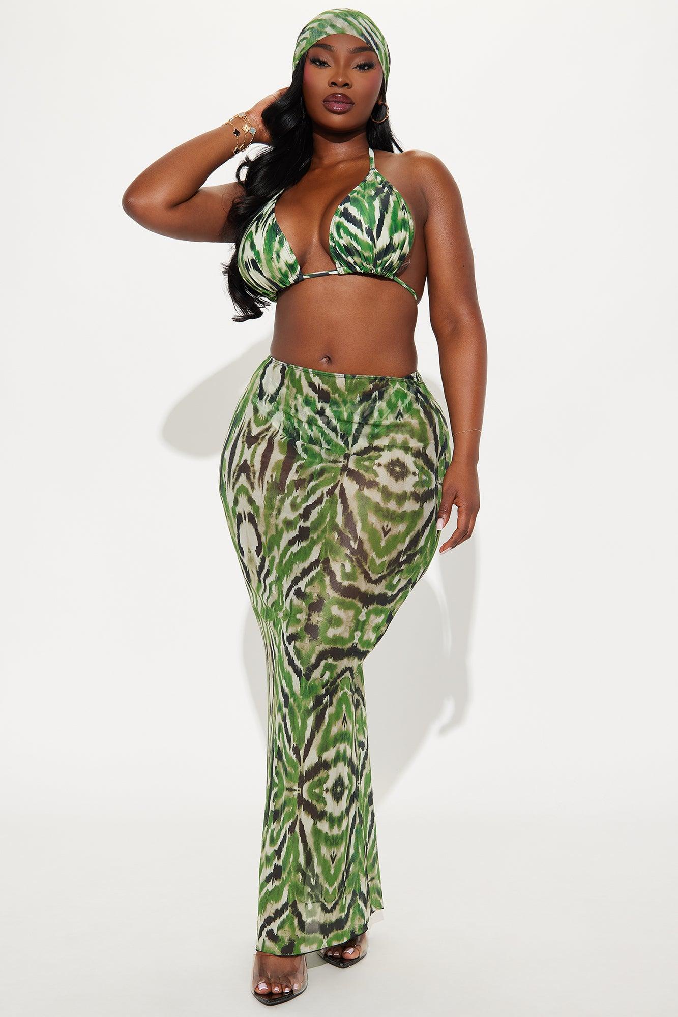 Selena 4 Piece Bikini Maxi Skirt & Headscarf Set - Green/combo Female Product Image