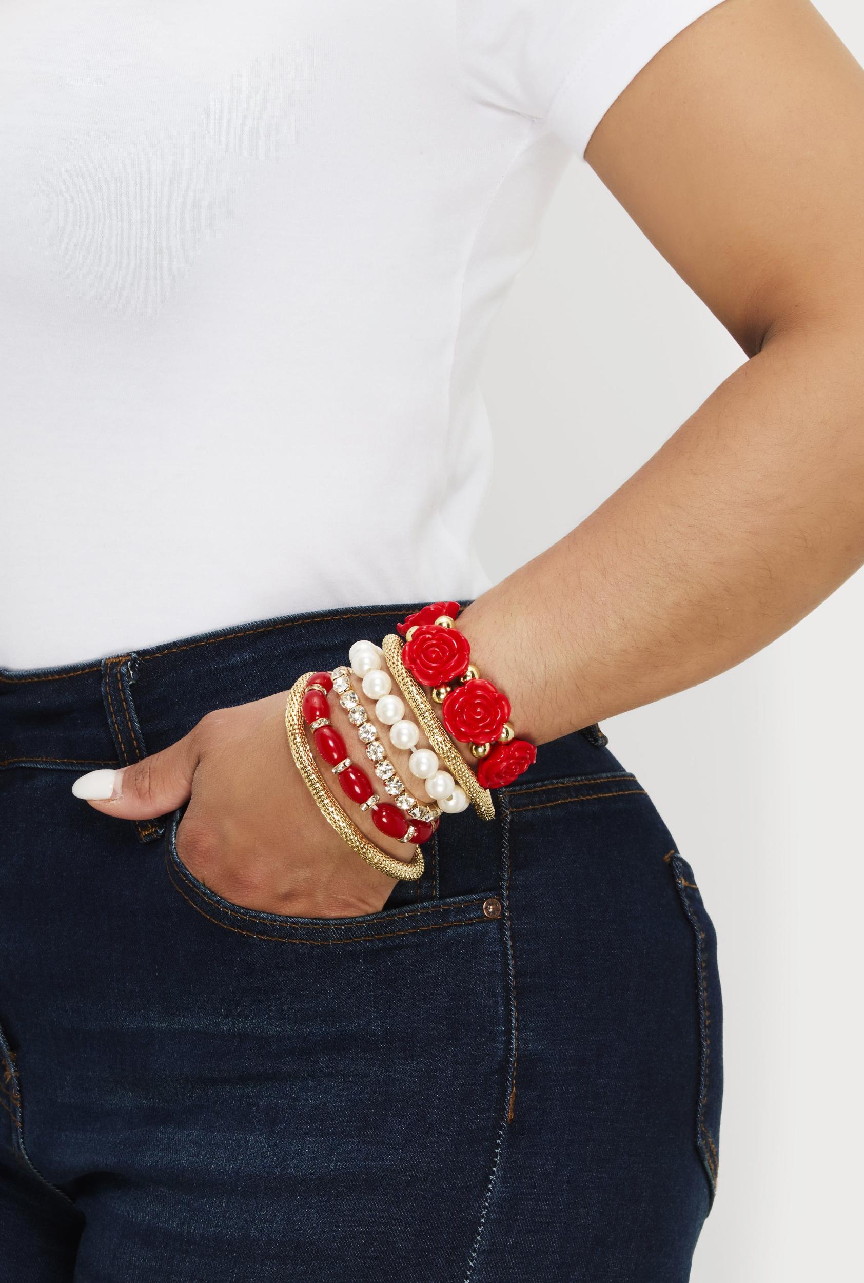 Rose Assorted Faux Pearl Stretch Bracelets Set of 6 Unisex Product Image