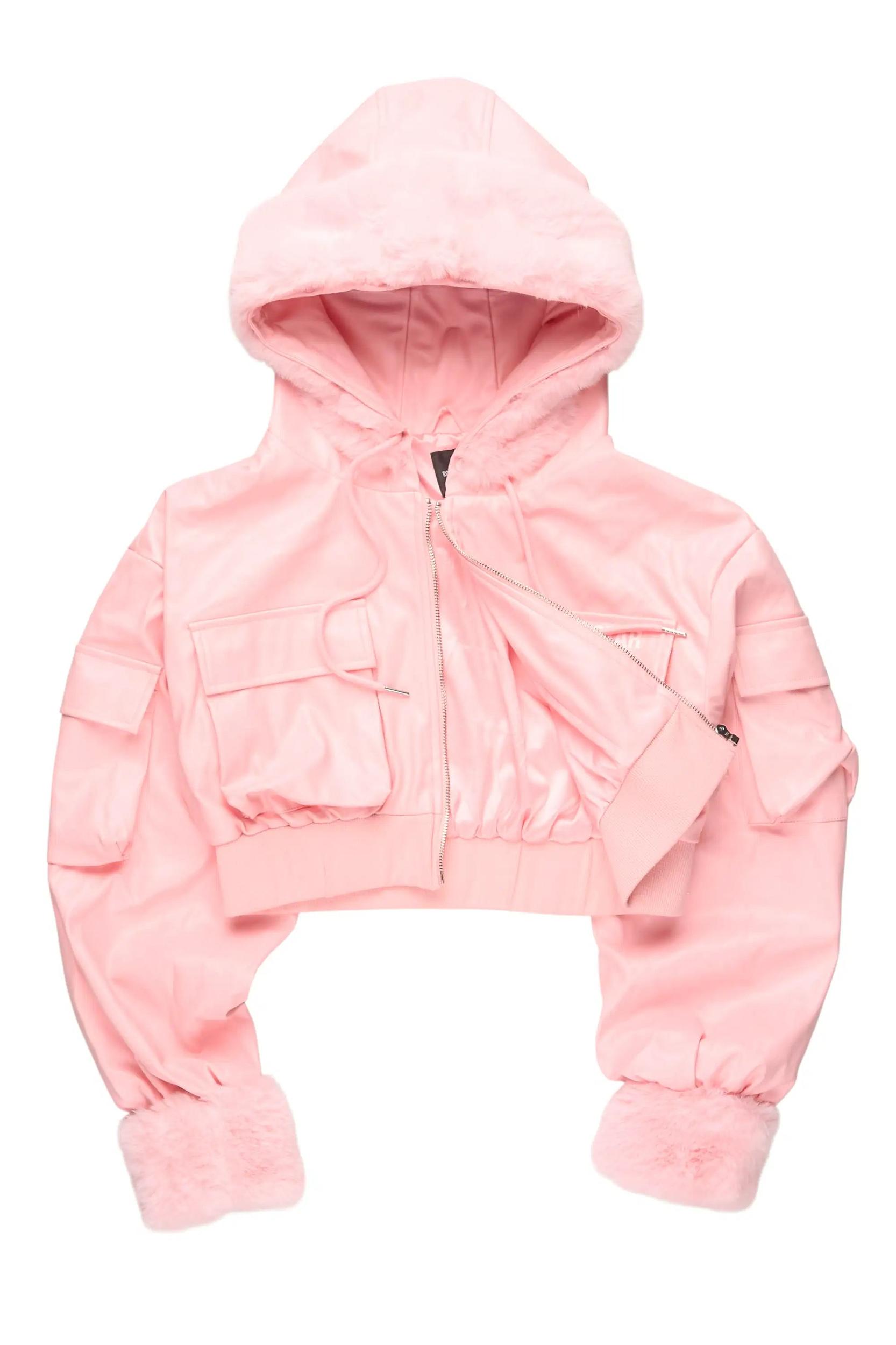 Amyia Pink PU Jacket With Fur Hood Female Product Image