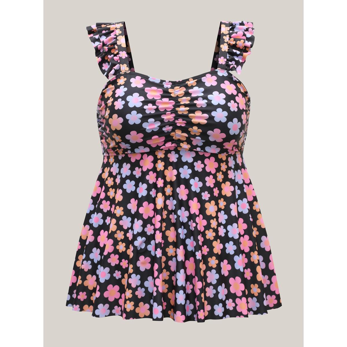 Plus Size Sweet Floral Print Wide Strap Swim Top Women's Swimwear Black Resort Gathered High stretch Bodycon Heart neckline Curve Swim Tops BloomChic 12/L Product Image