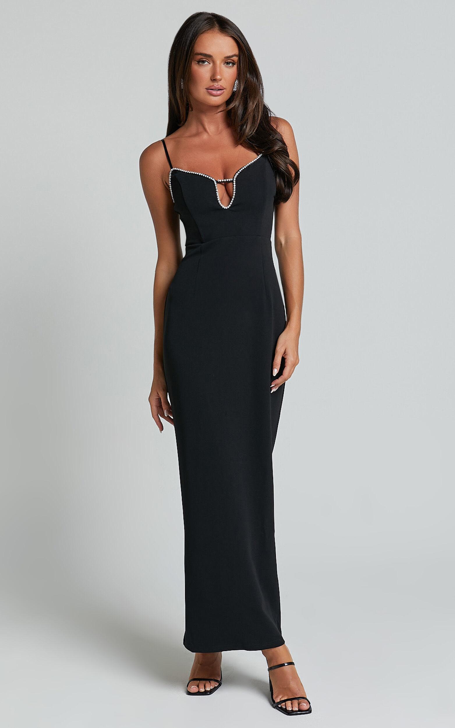 Felicity Midi Dress - Plunge Diamante Detail Dress in Black Product Image