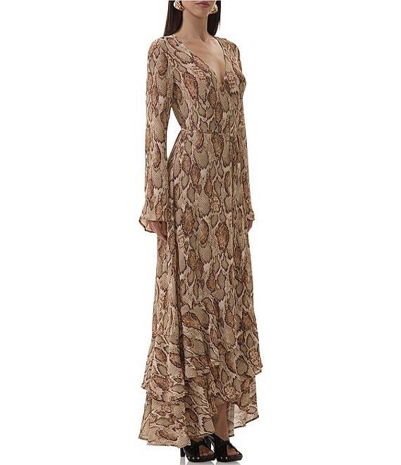 AFRM Mimi Snake Print Surplice V-Neck Long Sleeve Faux Wrap Maxi Dress Product Image