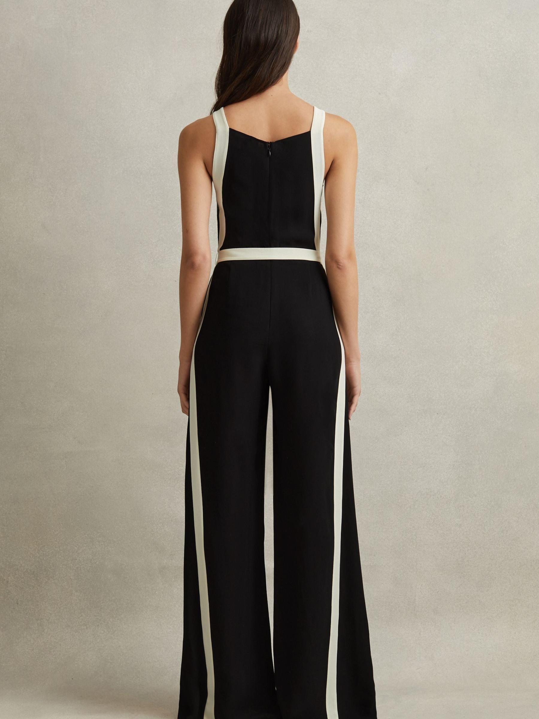 Contrast Trim Belted Jumpsuit in Black/White Product Image