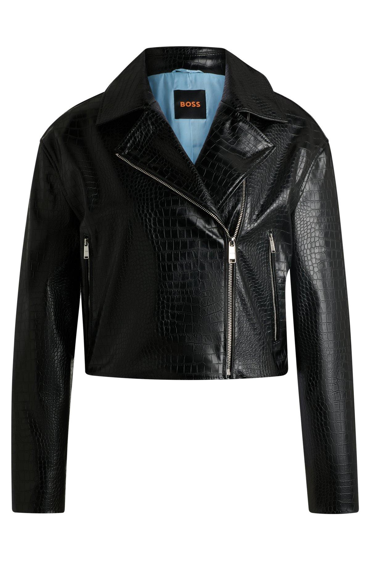 Crocodile-embossed biker jacket in faux leather Product Image