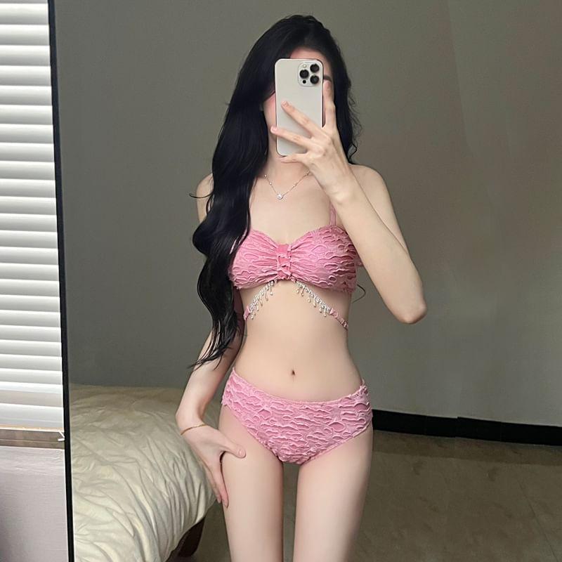 Set: Patterned Bikini Top + Bikini Bottom + Cover Up + Wrap Mini Skirt Product Image