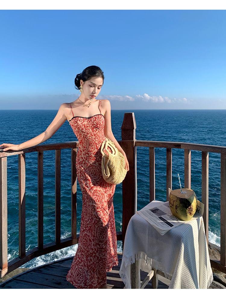 Spaghetti Strap Floral Print Midi Mermaid Dress Product Image