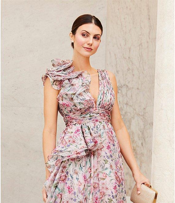 Mac Duggal Chiffon Floral Print V Neck Sleeveless Ruffle A-Line Gown Product Image