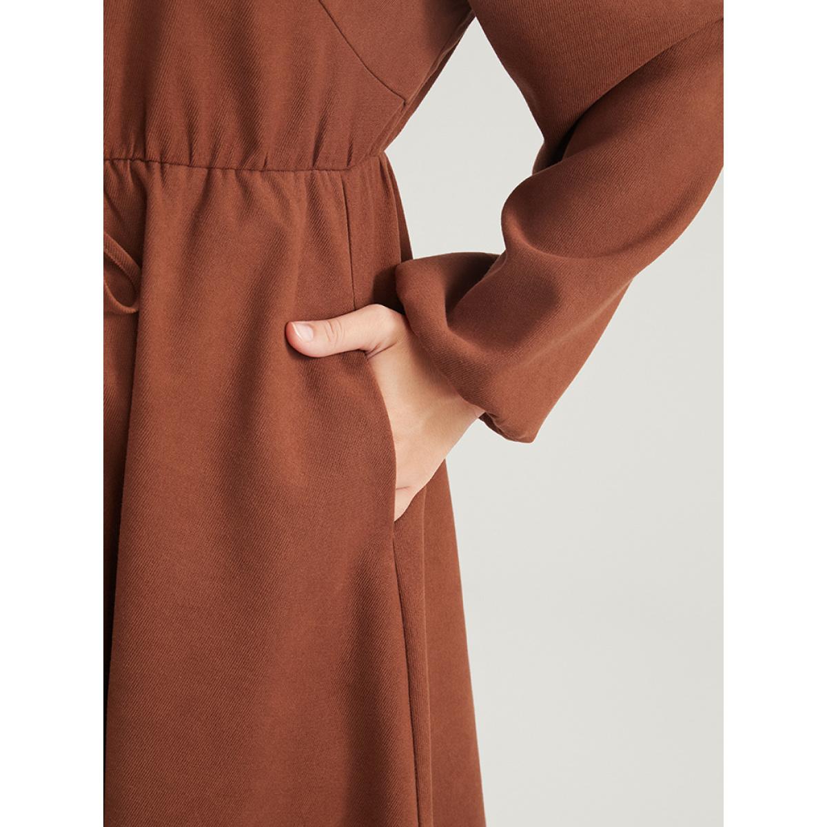 Plus Size Solid Tie Up Shirt Collar Pocket Button Detail Corduroy Dress Chocolate Women Office Button Shirt collar Long Sleeve Curvy Midi Dress BloomChic 10/M Product Image