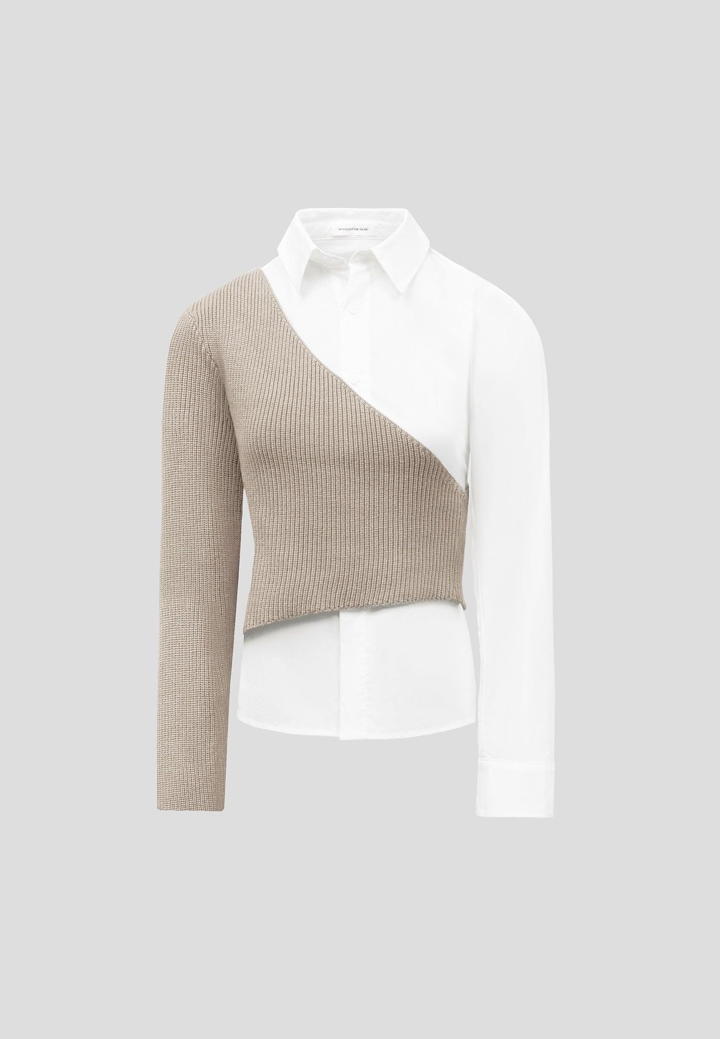 Asymmetric Knitted Overlay Shirt - White/Beige Female Product Image