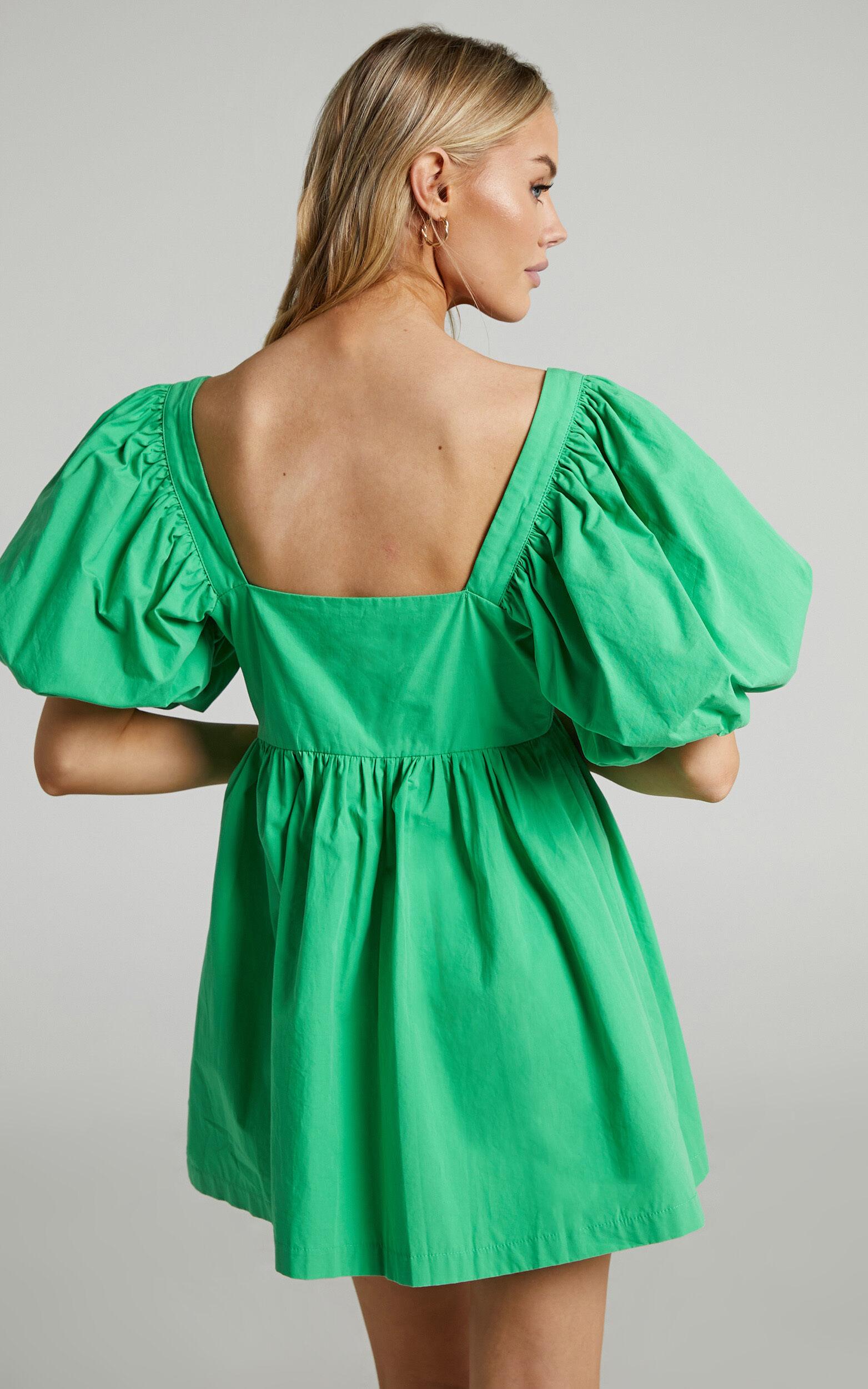 Vashti Mini Dress - Puff Sleeve Sweetheart Dress in Green Product Image