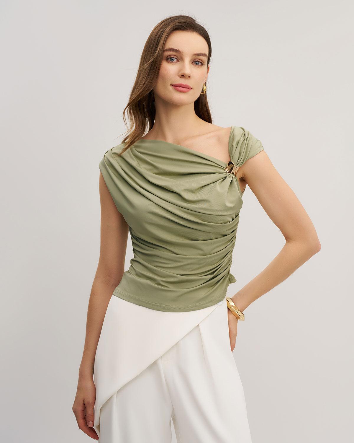 Green Cowl Neck Ruched Tee Product Image