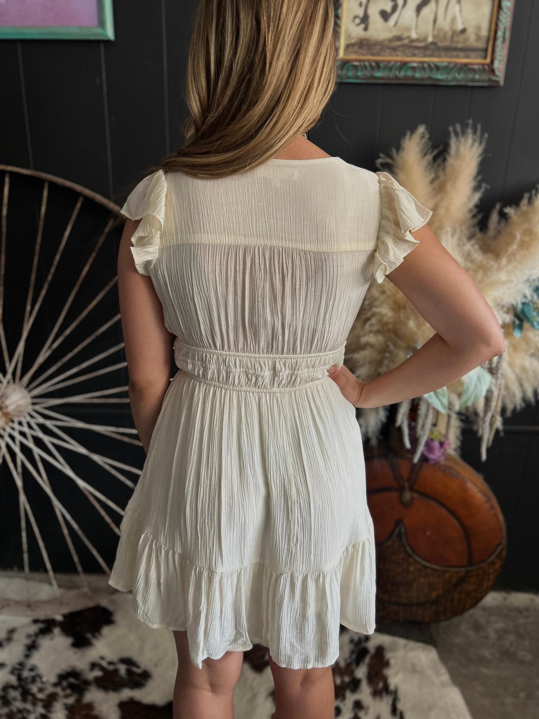 V Neck Short Sleeve Ruffle Detail Shirred Mini Dress- 4 Colors* Product Image