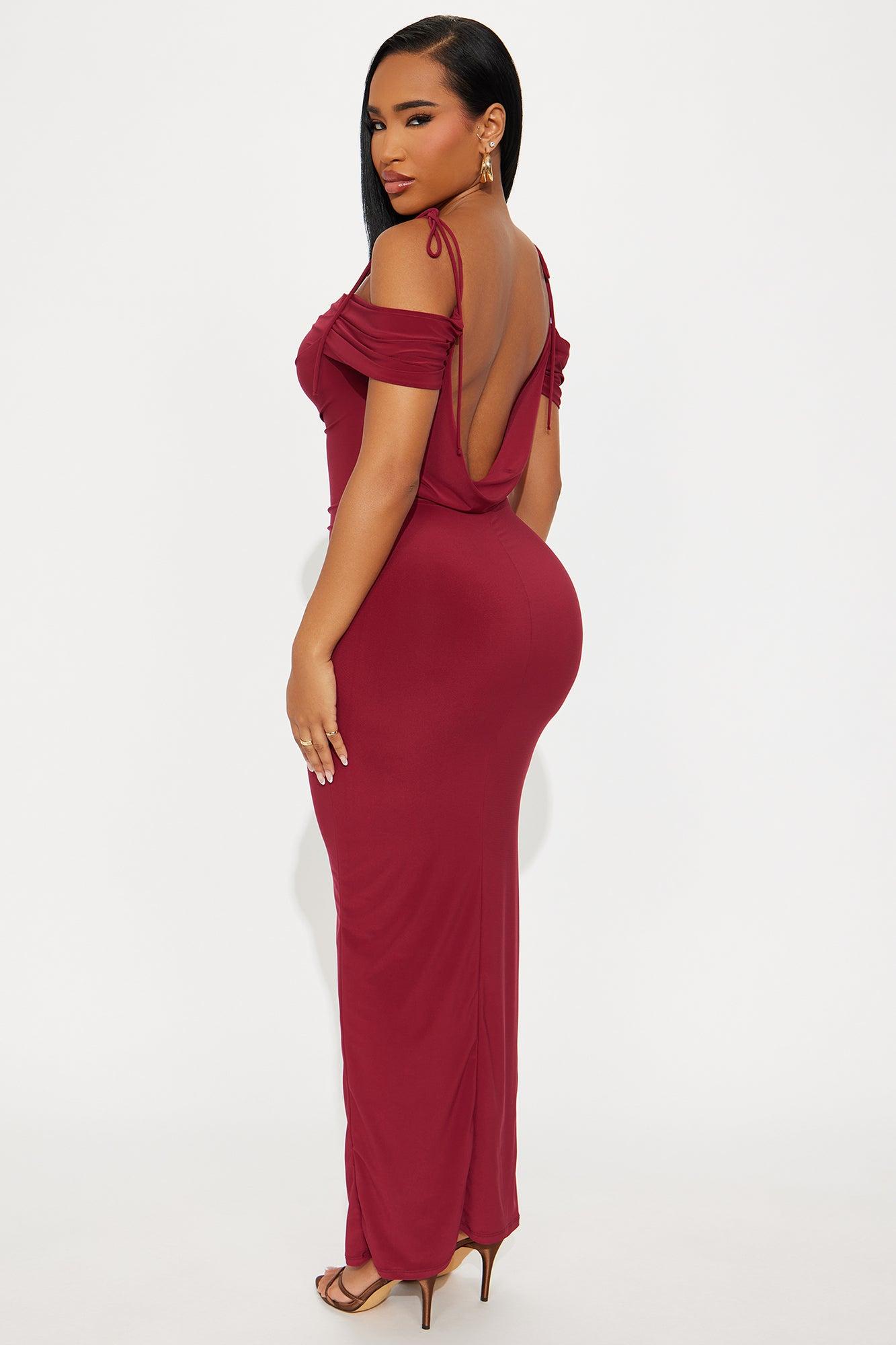 Jaden Off Shoulder Cowl Back Maxi Dress - Burgundy Female Product Image