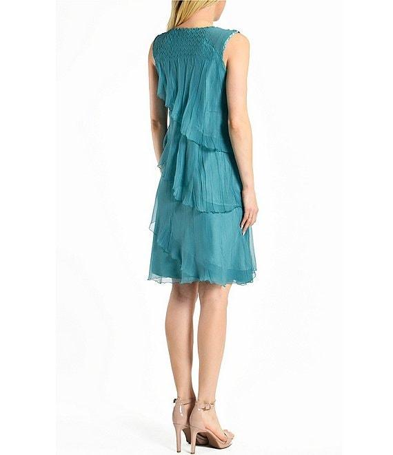 Komarov Chiffon Charmeuse Round Neck Sleeveless Pleated Asymmetrical Ruffle Tiered Dress Product Image