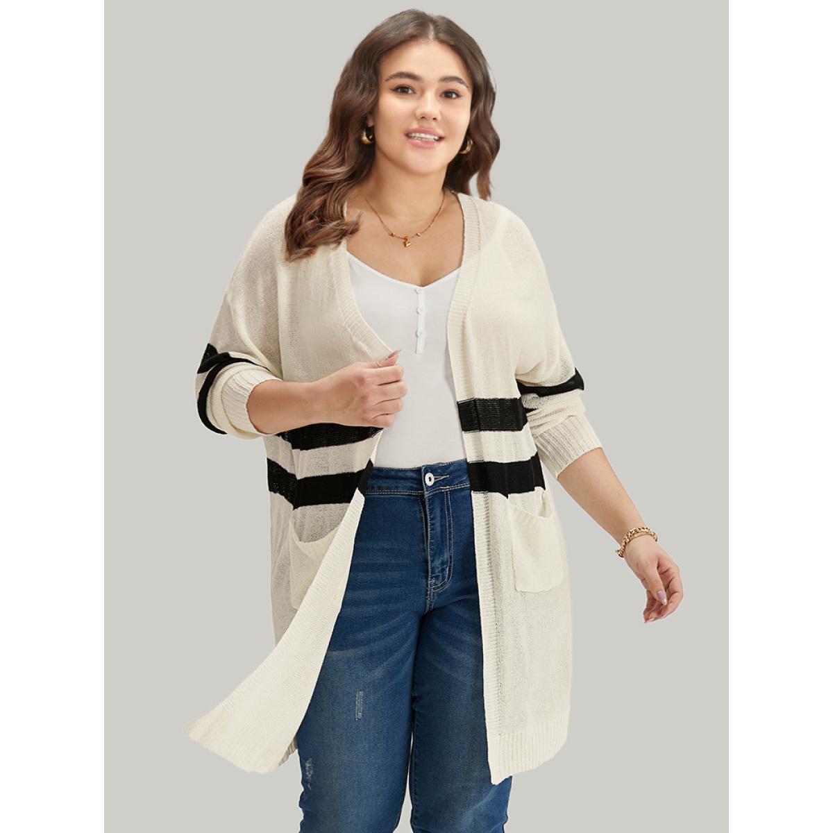 Plus Size Striped Pocket Open Front Cardigan Beige Women Casual Loose Long Sleeve Everyday Cardigans BloomChic 30/6X Product Image