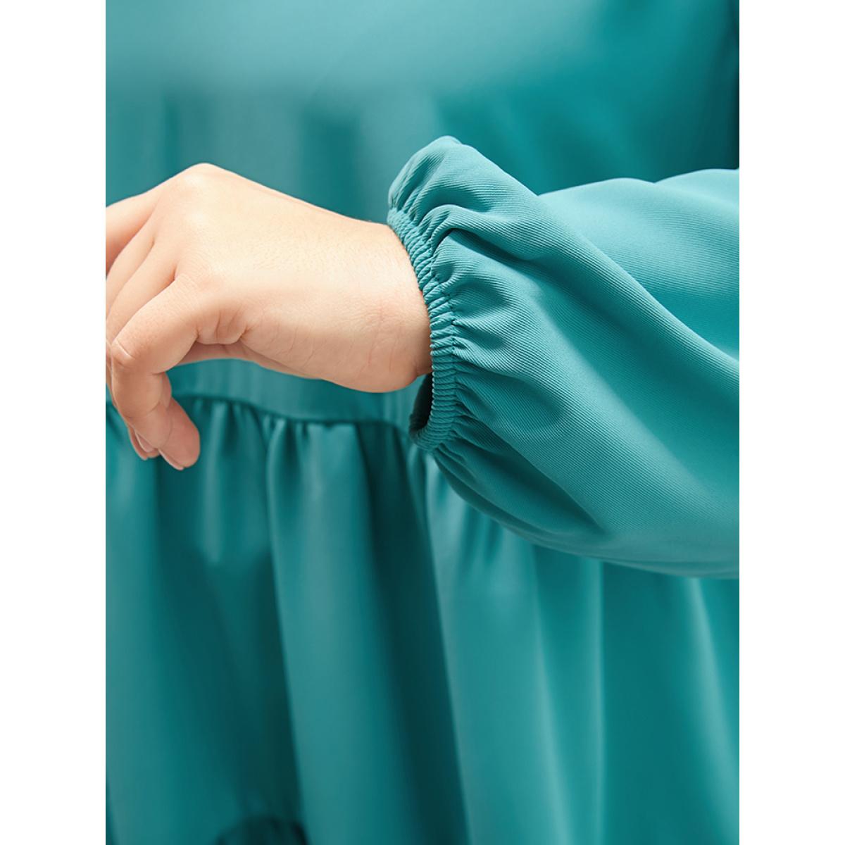 Plus Size Aegean Solid V Neck Lantern Sleeve Ruffle Hem Blouse Without Belt Women Elegant Long Sleeve V-neck Dailywear Blouses BloomChic 10/M Product Image