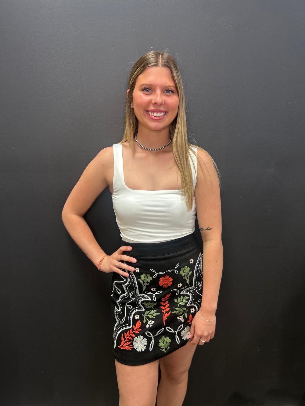 Black Suede Aztec Floral Embroidered Front Slit Skirt Product Image