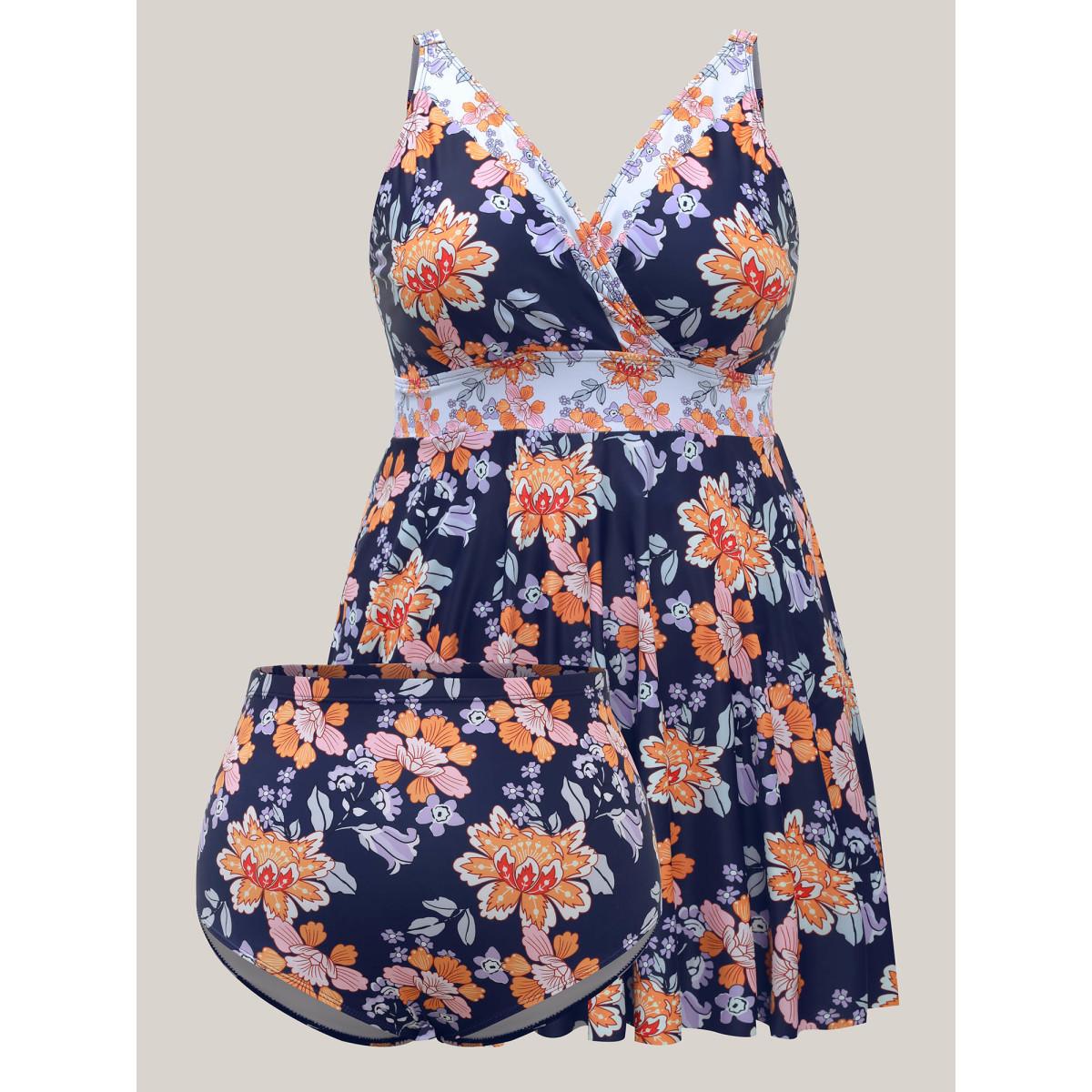 Plus Size Floral Print Surplice Neck Swim Dress Women's Swimwear Indigo Resort Bodycon Overlap Collar High stretch Curve Swim Dresses BloomChic 12/L Product Image