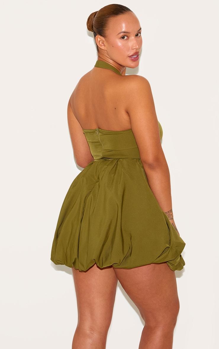Plus Khaki Buckle Detail Halterneck Puffball Mini Dress Product Image