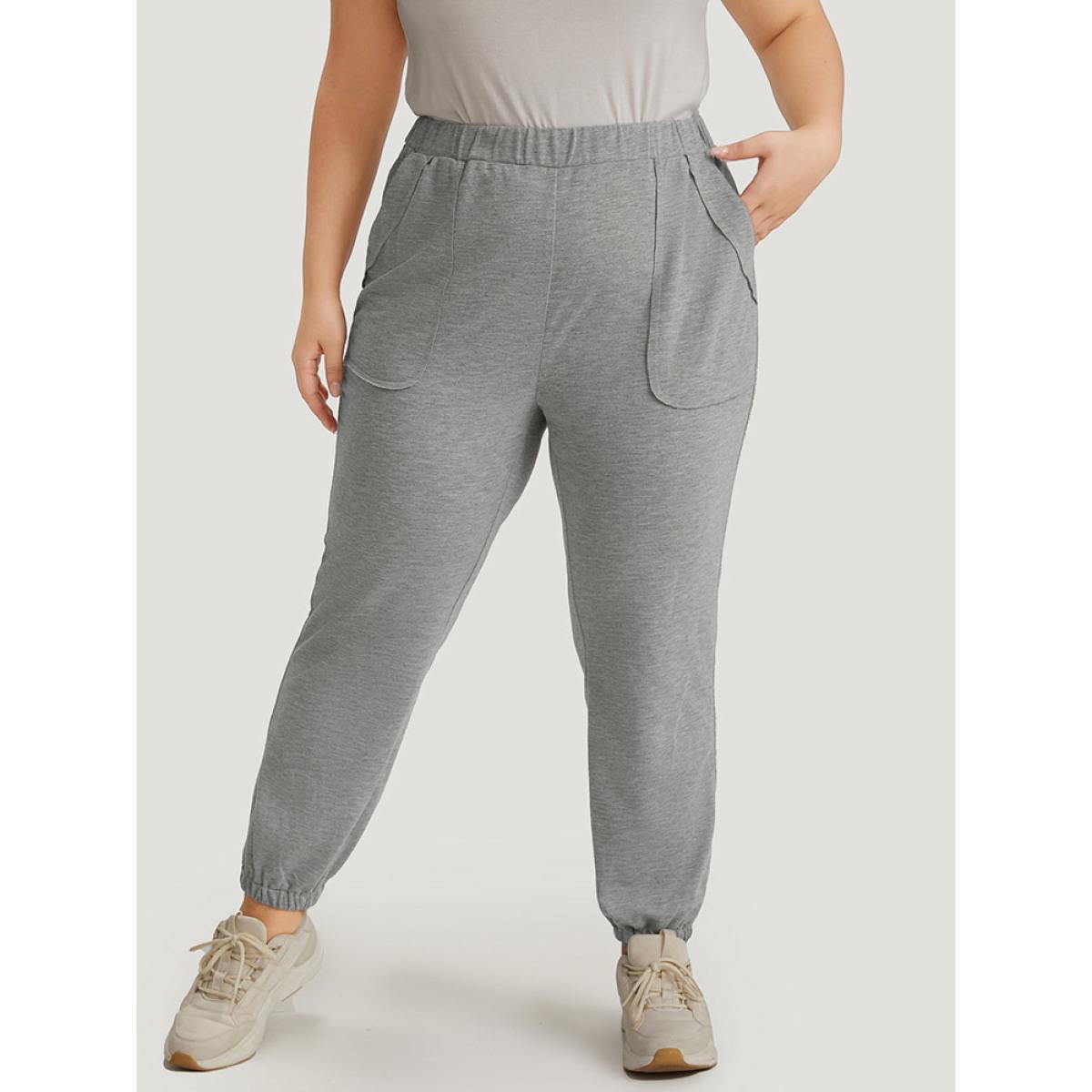 Solid Patched Slant Pocket High Rise Sweatpants Gray Plus Size Women Casual Dailywear Pocket 30/6X Bloomchic Product Image