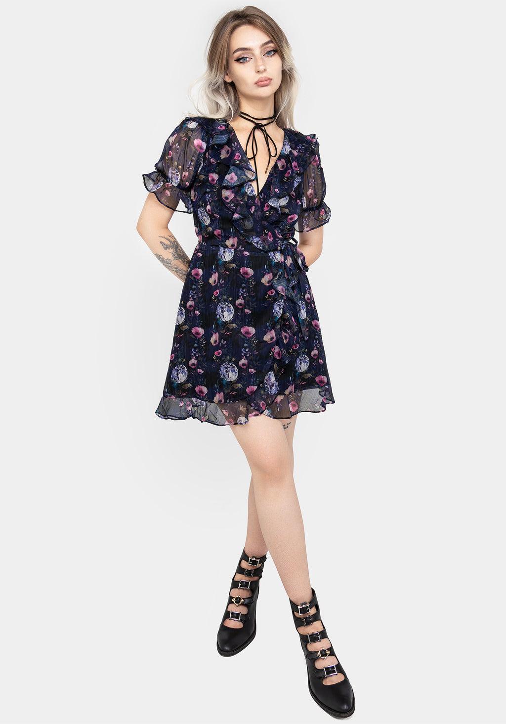 Socordia Floral Moon Chiffon Frill Wrap Mini Dress Product Image