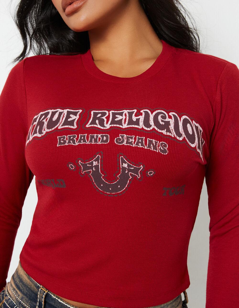 TRUE RELIGION Western Logo Womens Rib Baby Tee - BURGUNDY Product Image